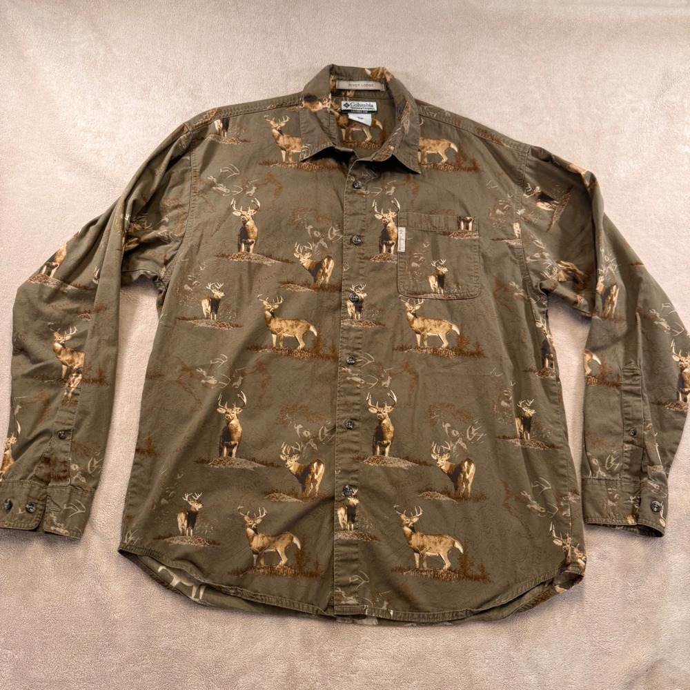 Columbia River Lodge Buck Deer Print Button Shirt Outdoors Hunting Brow Sz‎ M
